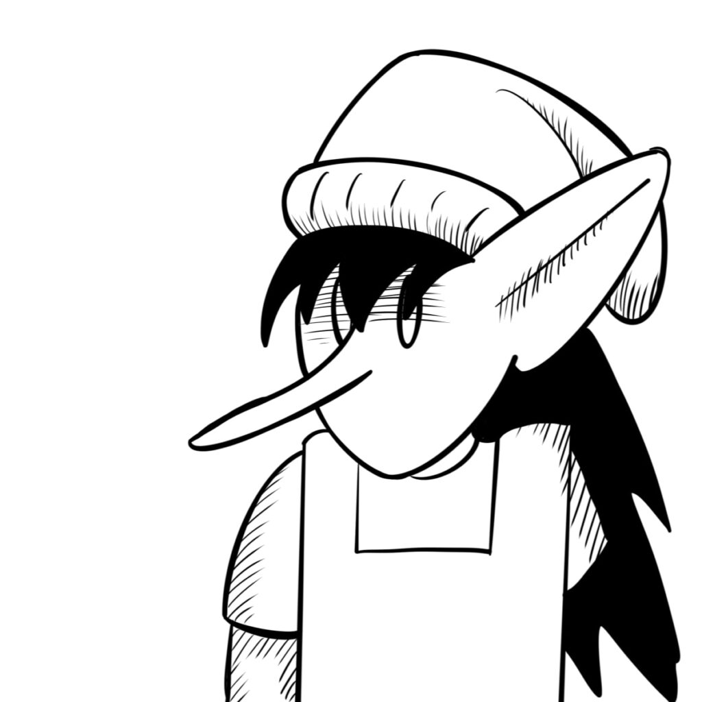 Samine is a gnome with pointy ears and nose, dark pointy hair, and missing a left arm.